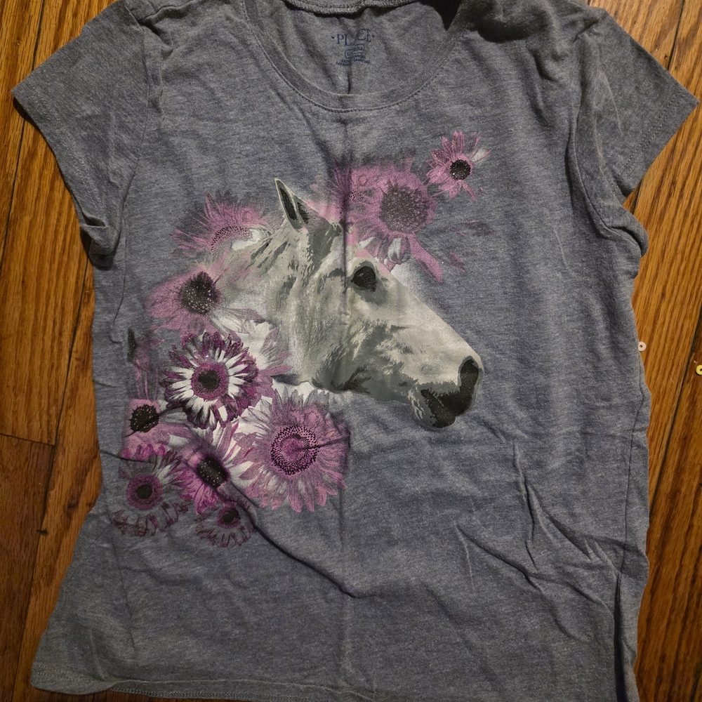 Polo by Ralph Lauren Gray Short Sleeve Kids Tee with Horse & Pink Floral Graphic